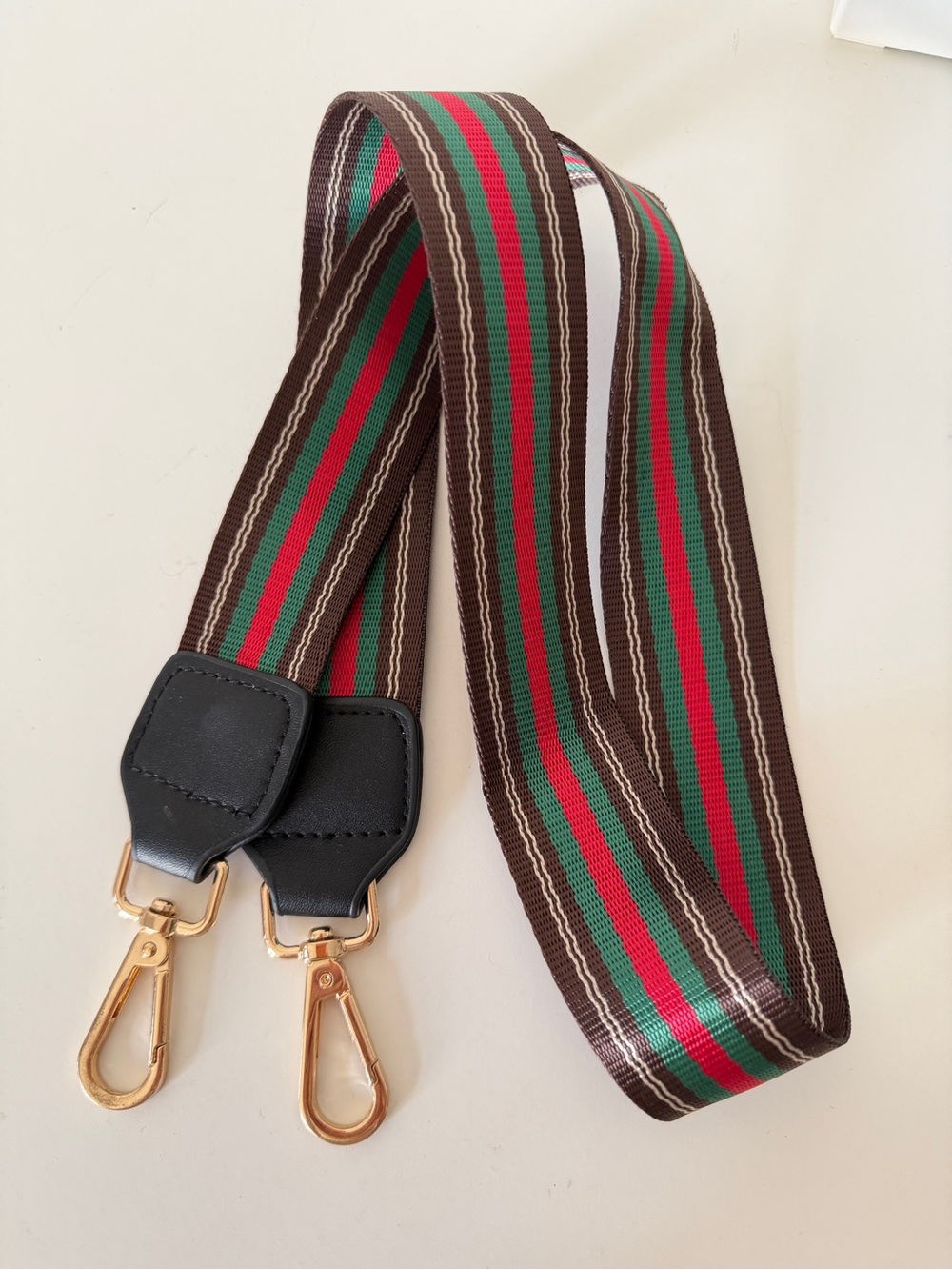 Wide Bag Strap Green Red Stripe Non Adjustable Shoulder Strap Gold Hardware
